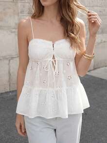 CielaLinda Women White Embroidered Cami Top - White - View 1