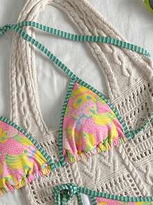 Swim Mod Multicolor Tropical Print Women's Bikini Set With Tie Side Bottom Knot Details Spaghetti Strap Short Length For Summer Beachwear - Multicolor - View 3