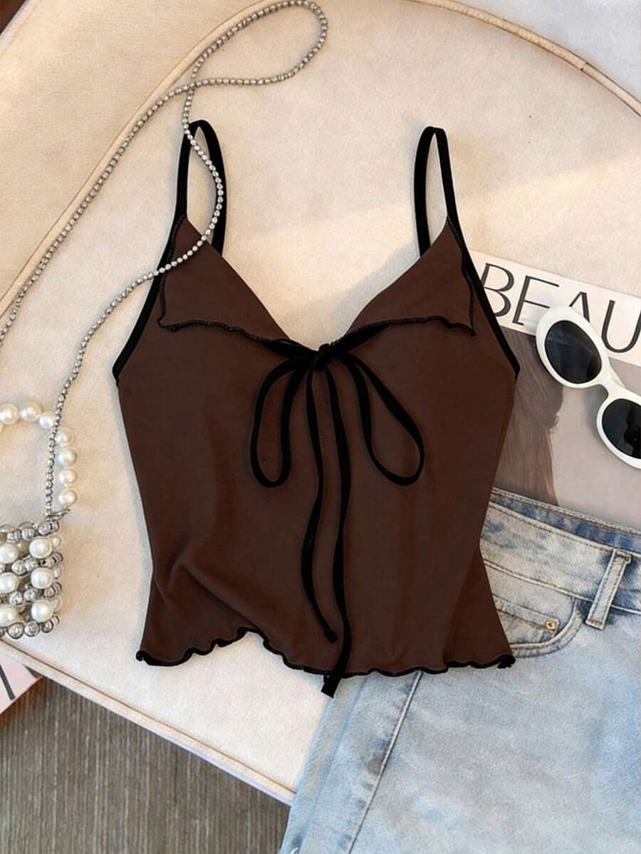 Franclia Camiseta de tirantes con lazo y volantes, elegante y ajustada, tops de verano para mujer, tops tipo bustier lindos para mujer, camiseta de mujer - Marrón - Ver 1