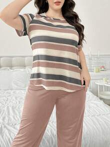 Contrast Color Striped Print Short Sleeve & Long Pants Plus Size Pajama Set - Multicolor - View 6