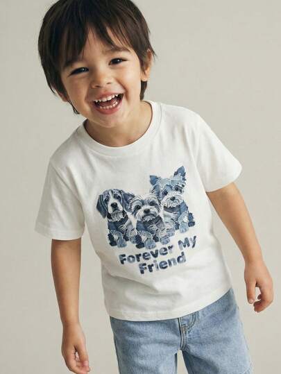 Maija Kids Maija Kids 2pcs Young Boys Casual Elegant Urban School Cute Puppy Graphic White Knit Short Sleeve Crew Neck T-Shirt And Blue Denim Shorts Set, Suitable For Casual, Outings, Gatherings, Holidays, Spring And Summer