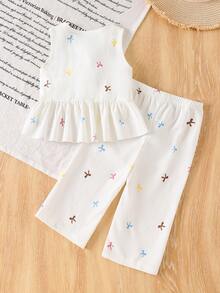 SHEIN Vintaside Kids 两件套女婴夏季套装，适合3个月至3岁，白色时尚可爱圆领无袖荷叶边上衣和松紧腰裤，柔软休闲，适合春夏季节各种场合，可作礼物、返校季、假期、夏季服装和旅行穿着。 - 白色 - 查看 2
