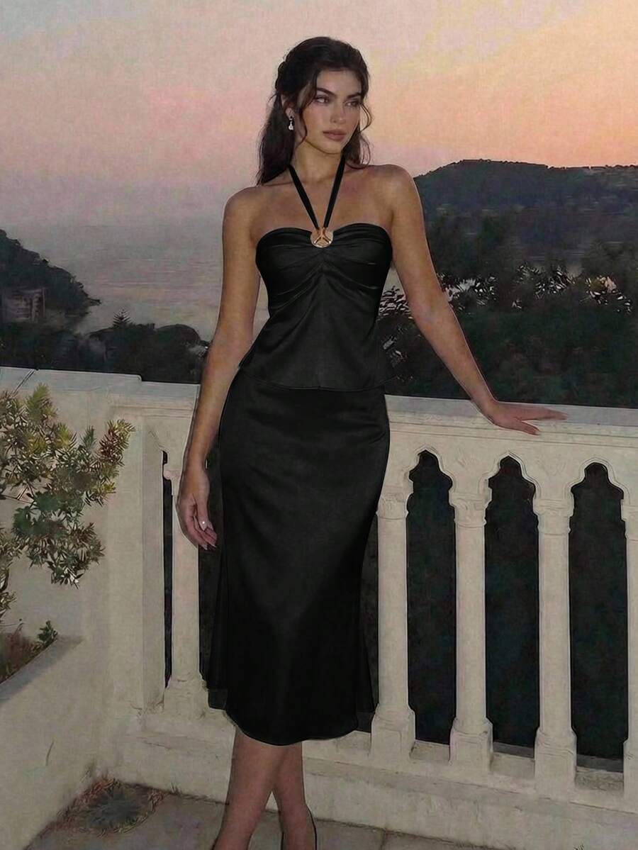 SHEIN MOD 女士优雅露背吊带上衣和鱼尾裙两件套，夏季 - 黑色 - 查看 1