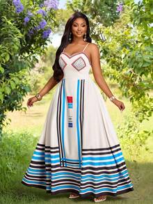 女士时尚度假连衣裙，宽松A字廓形，条纹印花，波西米亚风格。适合婚礼季、节日、毕业季、情人节、派对等各种场合。春夏连衣裙。 - 藍色 - 查看 3