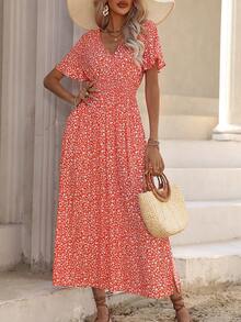 Wandoria 女士碎花V领荷叶袖侧开衩休闲度假连衣裙 女士夏季连衣裙 女士夏季套装 裹身裙 女士度假套装 女士连衣裙 女士节日连衣裙 - 橘色 - 查看 7