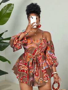 Maweii Plus Size Digital Print Elegant Off-Shoulder Backless Jumpsuit - Brown - View 1
