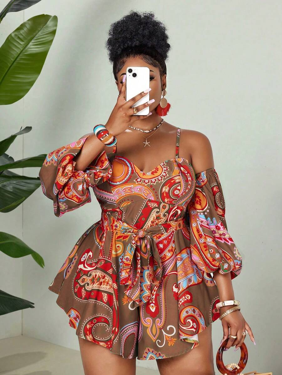 Maweii Plus Size Digital Print Elegant Off-Shoulder Backless Jumpsuit - Brown - View 1