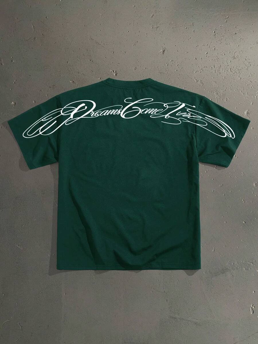 Manfinity Roghcode Áo thun nam tay ngắn cổ tròn in chữ, kiểu dáng thường ngày, đa năng. - Màu xanh lá cây đậm - Xem 1