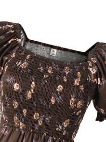 Summer Outfits Teen Girl Puff Sleeve Ditsy Floral Mini Dress, Summer Squishy Dress - Brown - View 5