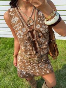 SHEIN EZwear Women's Summer Music Festival Bohemian Floral Embroidery Tie Front Sleeveless Top And Skirt 2-Piece Set - Camel - View 8