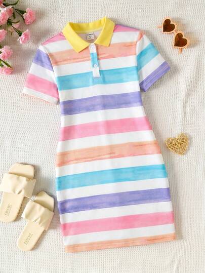 SHEIN 少女春夏休闲Polo领针织修身连衣裙