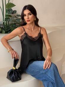 SHEIN Tall 女士性感缎面纯色撞色蕾丝不对称下摆黑色吊带背心，性感女式上衣，万圣节服装，派对蕾丝边饰上衣，优雅女式上衣 - 黑色 - 查看 8