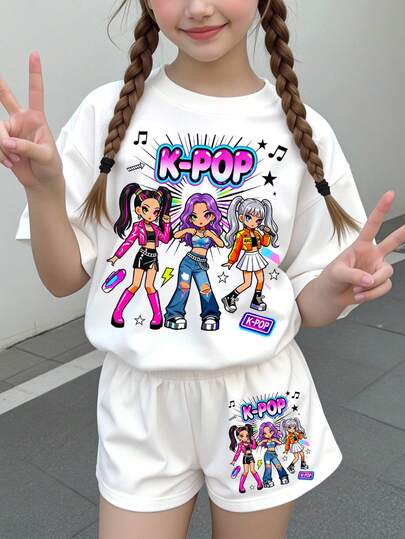 2 piezas Conjunto informal y de moda para niñas preadolescentes con estampado de letra y estrella de grupo de chicas K-POP, incluye camiseta de cuello redondo y pantalones cortos, blanco crema, regalo para fans de K-pop, inspirado en niñas con estilo, conjunto a juego para hermanas, adecuado para vacaciones, fiestas, uso diario, conciertos