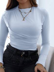 Hitanina 黑色抓皺長袖女款極簡時尚上衣，適合夏季與秋季，適合嬌小女性 - 淺藍色 - 查看 2