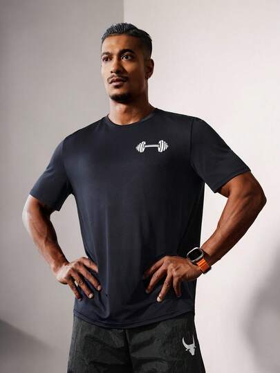 Acti Log 男士杠铃印花圆领短袖透气夏季休闲运动T恤健身上衣灰色衬衫篮球图案T恤球衣男