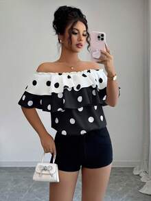 Elenzga Color-Blocked Polka Dot Print Off-Shoulder Elegant Short-Sleeved Summer Shirt - Black and White - View 3