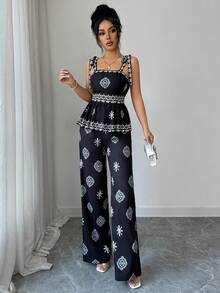 Selianne Conjunto informal de 2 piezas de top de tirantes con pliegues y estampado floral y pantalones de pierna ancha - Negro - Ver 5