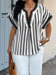 SHEIN LUNE 大码女式休闲条纹印花衬衫，春夏款 - 彩色 - 查看 1
