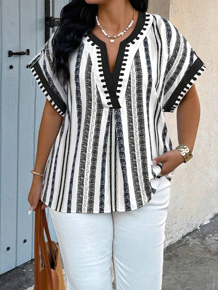 SHEIN LUNE 大码女式休闲条纹印花衬衫，春夏款 - 彩色 - 查看 1