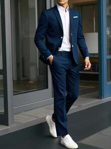 SHEIN 青少年男童藏蓝色修身西装套装，简约廓形，休闲学院风，舒适时尚，适合日常穿着、上学、外出、聚会、度假等各种场合。 - 寶藍色 - 查看 4