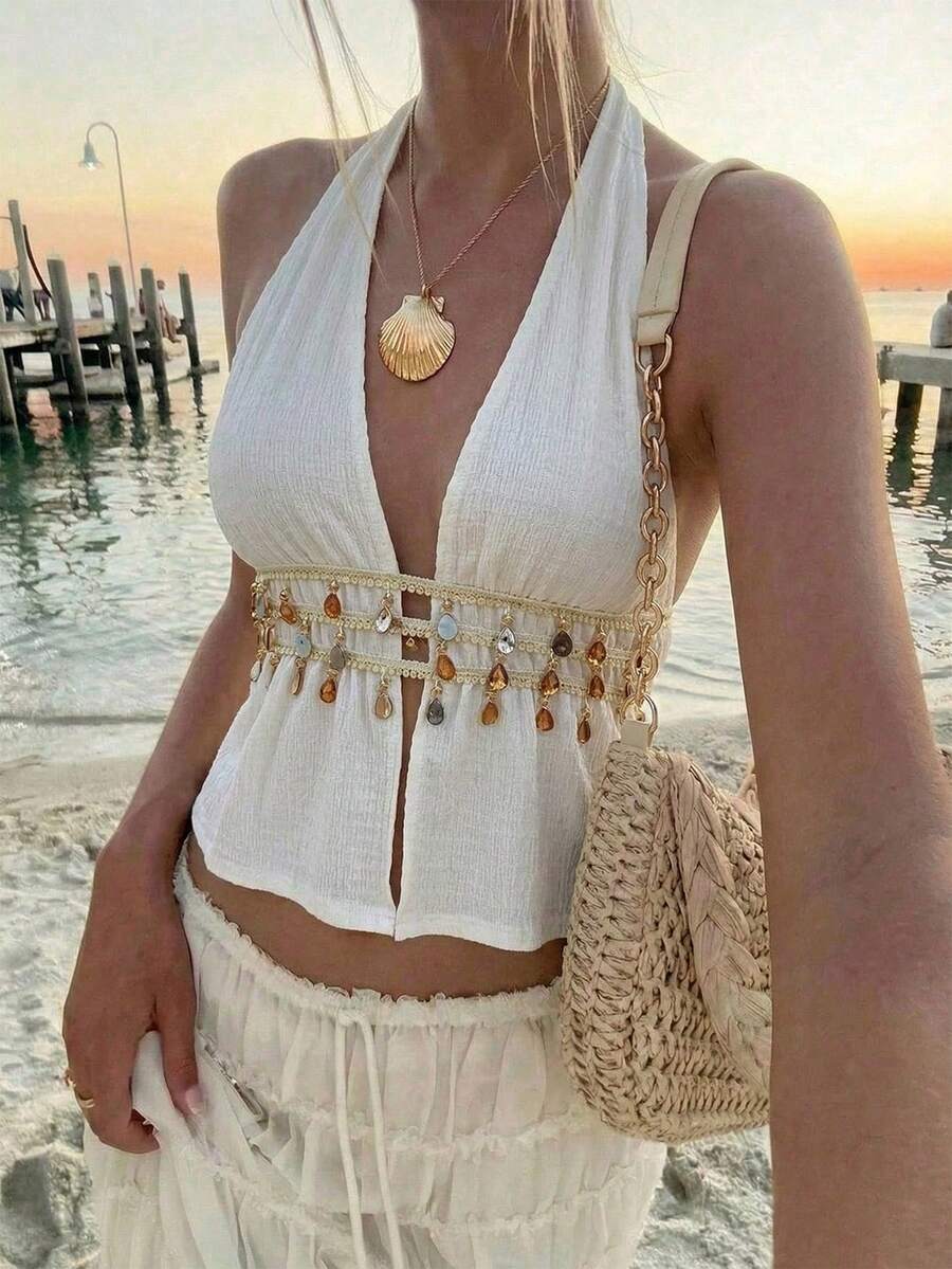 Aloruh 浪漫约会性感波西米亚风露背水钻装饰杏色女士吊带背心 - 杏色 - 查看 1