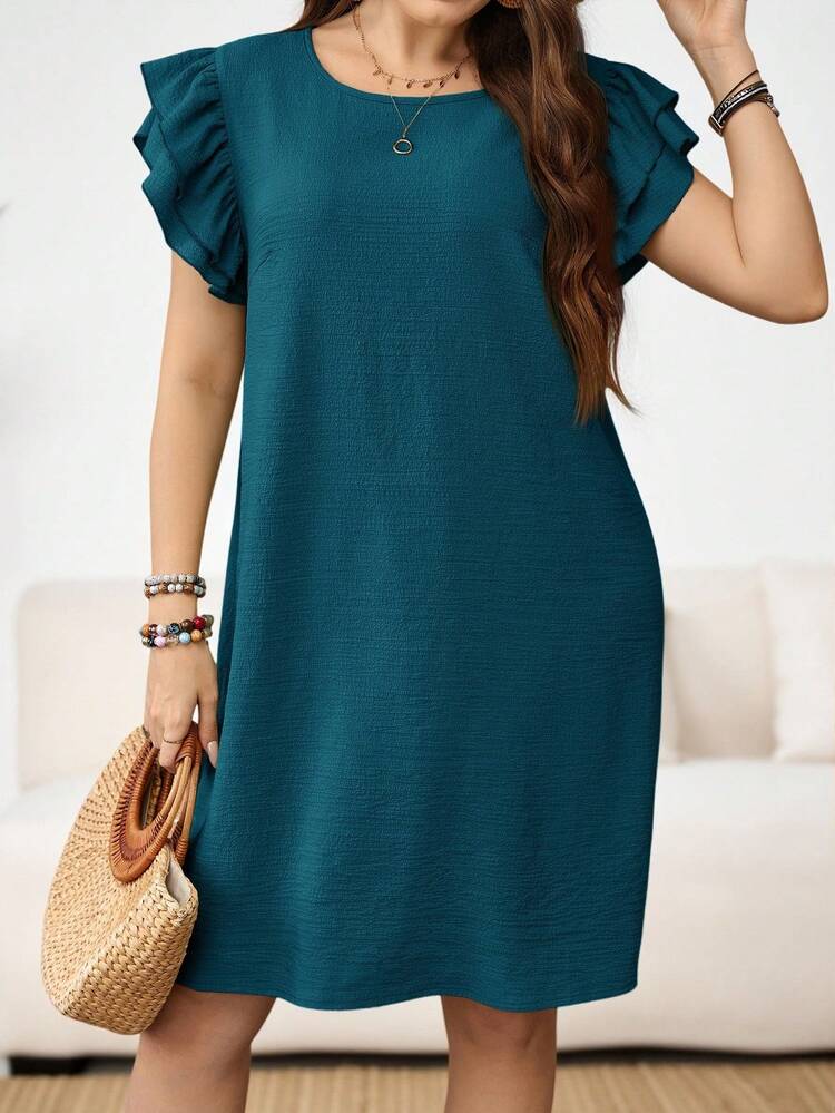 Plus Size Women's Summer Casual Vacation Solid Color Round Neck Cap Sleeve Ruffle Hem Loose Summer Dress,Spring Break Outfits ,Vacation Outfits Women ,Holiday Outfits For Women,Going Out Outfits,2026 New Clothes,Simple And Fashionable For Everyday Wear,Summer Dress,Dress Modest,Sun Dresses For Women,Sundress,Flowy Dress,Holiday Outfits Boho, Teal Blue Dress Women
