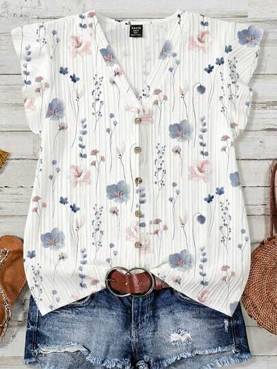 EMERY ROSE Plus Size Women's Casual Vacation Pink V-Neck Flare Sleeve Blue & White Floral Wave Textured Leopard Print Loose Shirt, Women's Summer Clothing, Women's Vacation Wear, Women's Summer Tops, Women's Outerwear, Cute Summer Blouse, Women's Summer Apparel