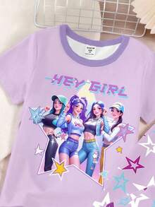 女童嬰兒紫色仙女系列家庭款卡通女孩上衣與星星印花對比色內搭褲，針織彈性貼身兩件式睡衣套裝 - 彩色 - 查看 4