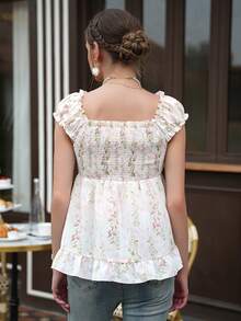 Momance Maternity Top With Wide Strap, Frill Trim, Front Button, Elastic Waist, Gathered Back, Ruffle Hem, Floral Print - White - View 2