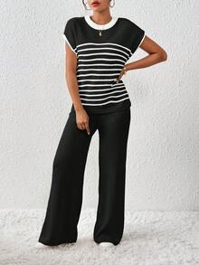 EMERY ROSE Women's Contrast Color Loose Casual Drawstring Knit 2 Pieces Set - Black - View 7