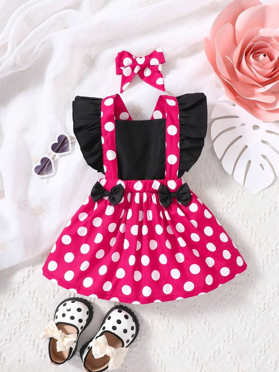 SHEIN Playful Pals 女嬰可愛粉白波點夏季生日洋裝 玫瑰紅荷葉袖吊帶蝴蝶結裝飾 優雅派對穿搭 旅行適用 - 玫紅色 - 查看 1