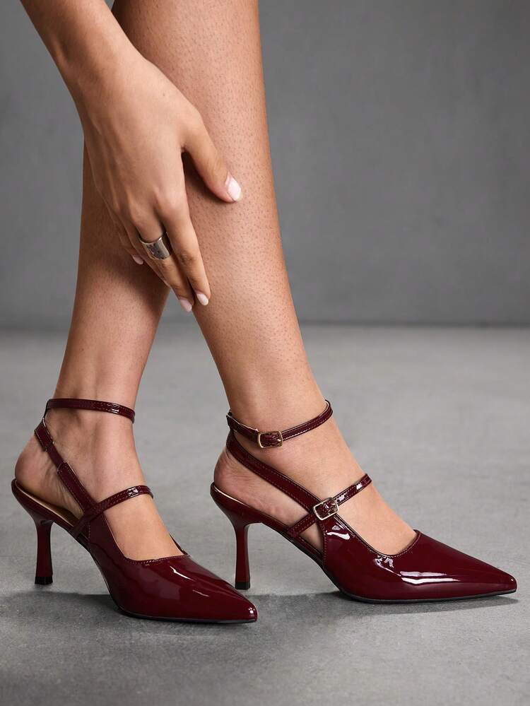 CUCCOO SZL Women's Hollow Strip Design Pointed Toe Stiletto Shoes Fashionable Sexy Glossy PU Leather Burgundy High Heels Shoes Party Birthday Party Bar