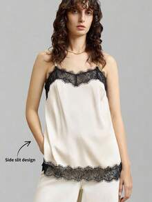 Ontre 女士多功能缎面面料舒适柔软蕾丝边吊带侧开衩性感吊带背心，适合都市通勤、商务休闲、办公室穿着、女士优雅装扮、冬季毛衣、新年派对聚会等场合，百搭外套。 - 白色 - 查看 2