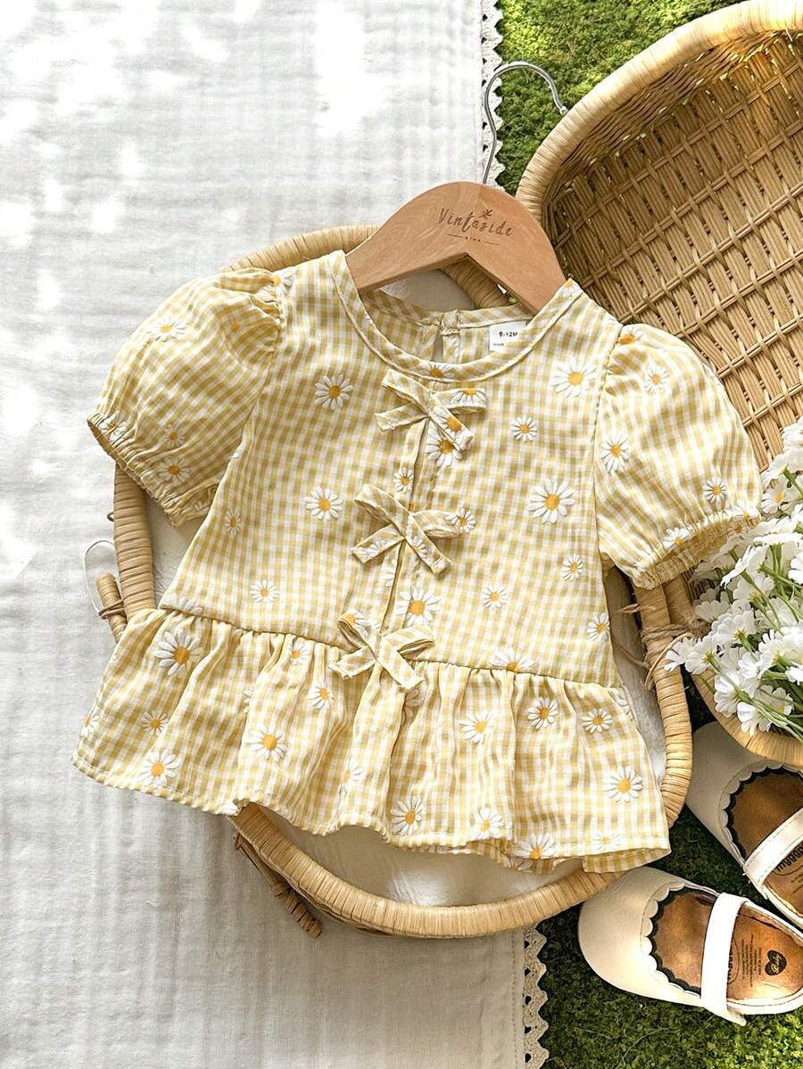 SHEIN Baby Girls' Blouse With Unique Floral Fabric Texture, Countryside Vacation Style, Cute & Fashionable, Comfortable For Spring/Summer, Bow Decor - Yellow - View 1