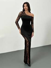 SHEIN Tall Elegant Black Floral Lace Bodycon Long Dress,Autumn Night Out Party Contrast Asymmetric Hem,Long Sleeve Strapless Cocktail Dresses For Women - Black - View 6