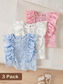 SHEIN Playful Pals 3pcs/Set Colorful Heart Striped Print Ruffle Hem Round Neck T-Shirt, Soft & Comfortable Casual Cute Spring/Summer New Arrival - Multicolor - View 7
