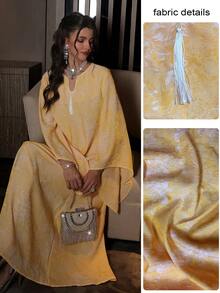 SHEIN Najma Đầm dạ hội thanh lịch tay cánh dơi, chất liệu jacquard, dáng rộng, có tua rua, viền xòe, thích hợp cho nữ. - Màu vàng - Xem 4