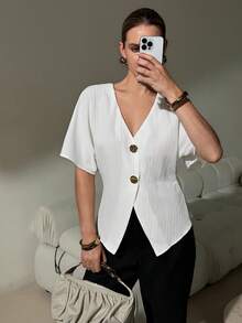 Lavishia V-Neck Cardigan Blouse, Elegant And Comfortable Top - White - View 5