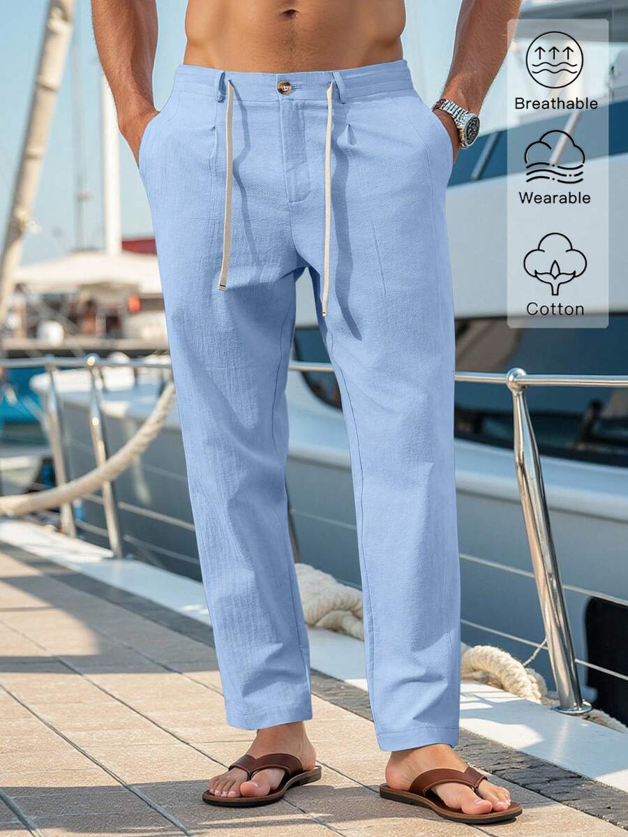 VENTUSAIL Pantalones lisos con cordón en la cintura, pantalones largos entallados de lino, lisos y frescos para salir, otoño - Celeste - Ver 1