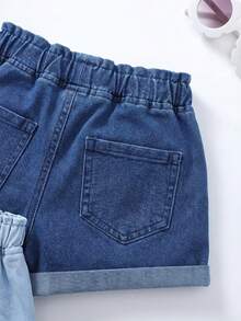 SHEIN 2条装少女口袋纽扣休闲百搭日常牛仔短裤 - 彩色 - 查看 7