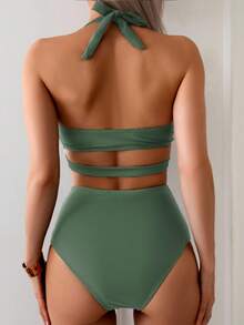Swim Basics Popular Black Halter Tie Bikini Set, Beachwear For Vacation, Beach, Party - Army Green - View 2