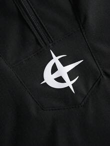 PAVTROS 男士休闲连帽双层设计，多功能运动休闲刺绣图案时尚ins风，适合所有季节，街头风，宽松，印花，情侣装，朋友装，表达爱意，街头风格，情侣装，双层连帽，半拉链，弹性抽绳下摆 - 黑色 - 查看 4