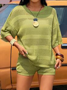 SHEIN EZwear Bộ đồ nữ màu trơn khoét lỗ vai rớt và quần short dệt kim, kiểu dáng thường ngày. - màu xanh lá - Xem 5