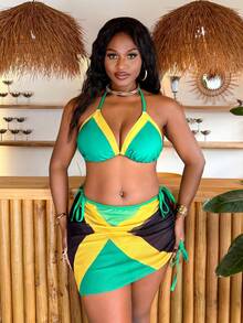 Slaydiva Plus Size Women's 3 Pieces Set, Solid Color, Color Block, Multi-Color Placement Print, Fashion Vacation Casual Sexy 2026 New Triangle Cup High Waist Triangle Panty Semi-Sheer Mesh Sarong Halter Tie Bow Bestselling Bikini Swimwear - Multicolor - View 6
