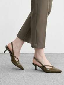 CUCCOO BIZCHIC 女士鞋履，白色细跟，露跟搭扣，尖头，5厘米细跟，复古轻奢风格，亮面漆皮，橄榄绿，露跟高跟凉鞋，适合职场/约会场合 - 橄欖綠 - 查看 3