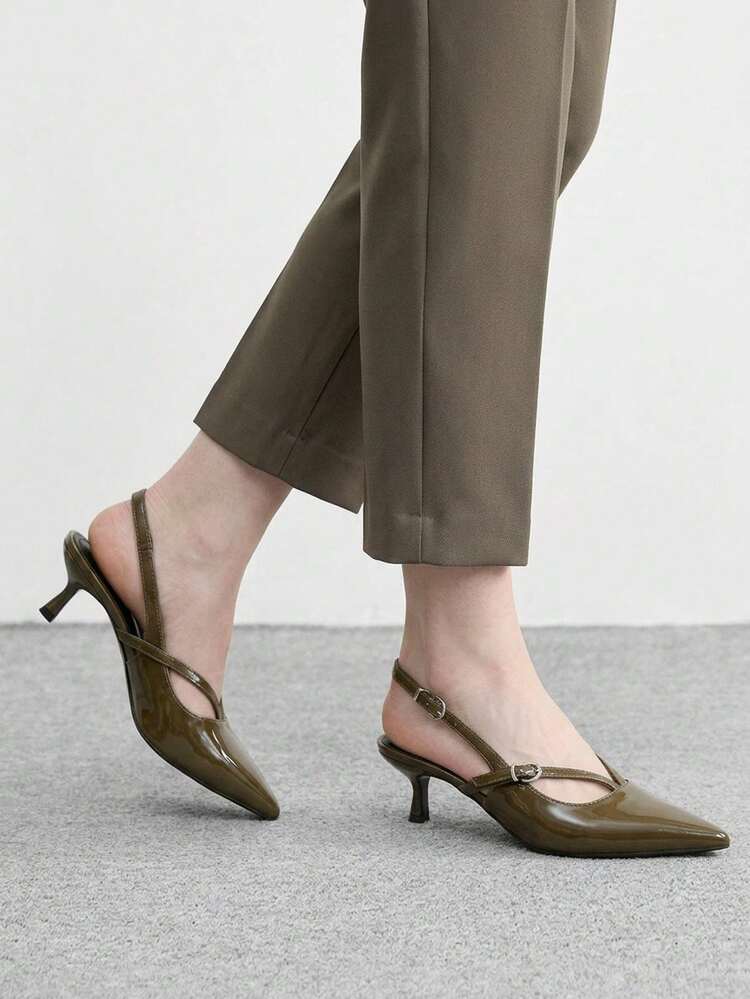 CUCCOO BIZCHIC Women's Shoes, White And Thin, Slingback Buckle Belt, Pointed Toe, Thin Heel 5cm Retro Light Luxury, Glossy Patent Leather, Olive Green, Slingback High-Heeled Sandals, Workplace/Dating - Olive Green - View 3