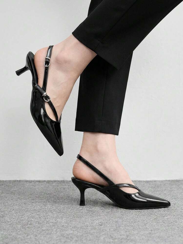 CUCCOO BIZCHIC Ladies Shoes, Double Buckle, Pointed Toe, Thin Heel 5cm Elegant Retro Style, Glossy Patent Leather, Olive Green, Slingback Shoes, Daily Commuting/Dating