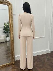 Mulvari Bộ đồ nữ mùa xuân mới: Áo cài cúc và quần ống rộng họa tiết sao biển và vỏ sò, 2 món. - Màu be - Xem 3
