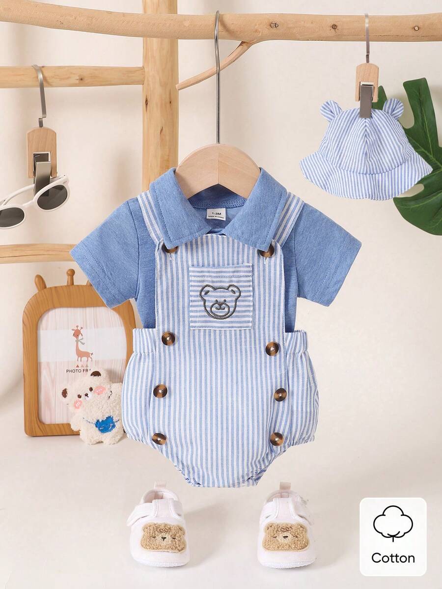 SHEIN 3件組新生男嬰藍白條紋夏季可愛親子套裝 熊刺繡吊帶短袖上衣 & 帽子連身衣套裝 - 淺藍色 - 查看 1