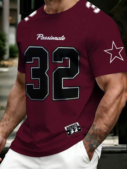 Manfinity Homme Camiseta de manga corta estilo fútbol americano unisex, diseño de malla con el número 32 y estampado apasionado, camiseta deportiva casual